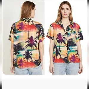 Orange and Pink Short Sleeve Button Down Shirt with Notched Collar